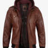 Men's Brown Leather Bomber Jacket With Removable Hood