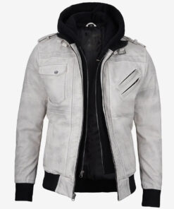 Men's Off White With Grey Waxed Leather Jacket With Hood